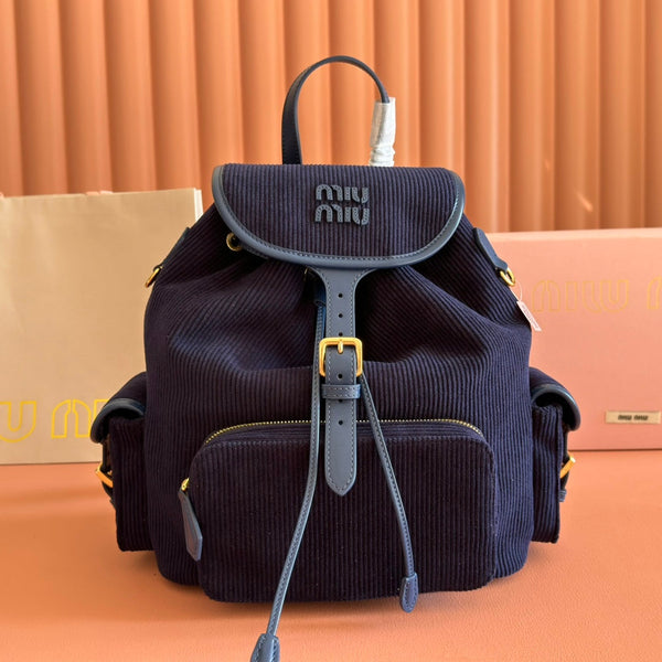 Miu Medium Corduroy Backpack Navy Blue Leather-Trim