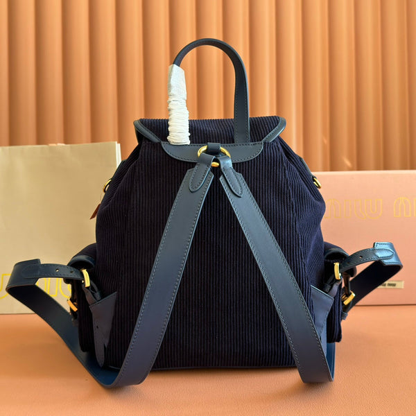 Miu Medium Corduroy Backpack Navy Blue Leather-Trim