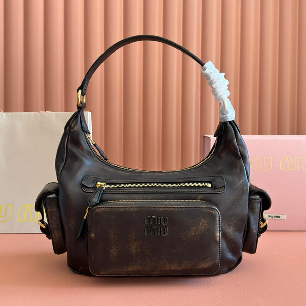 Miu Pocket Shoulder Bag Brown Calfskin
