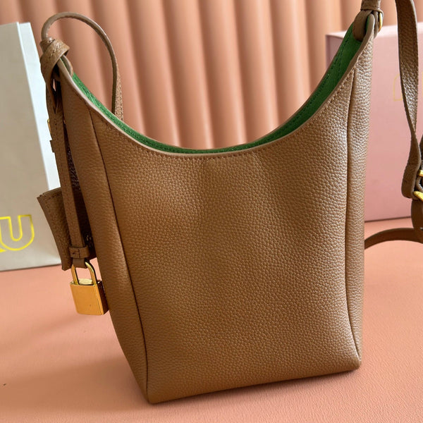 Miu Leather Bucket Bag 23cm Brown Grain Cowhide