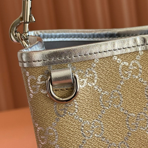 GG Emblem Small Bucket Bag Beige Sliver GG Fabric