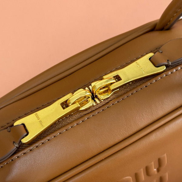 Miu Beau Semi-Circular Bowling Bag Tan Brown Leather
