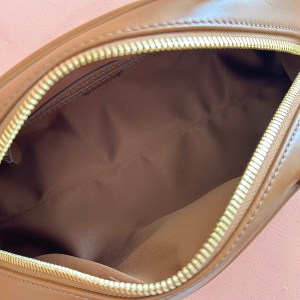 Miu Beau Semi-Circular Bowling Bag Tan Brown Leather