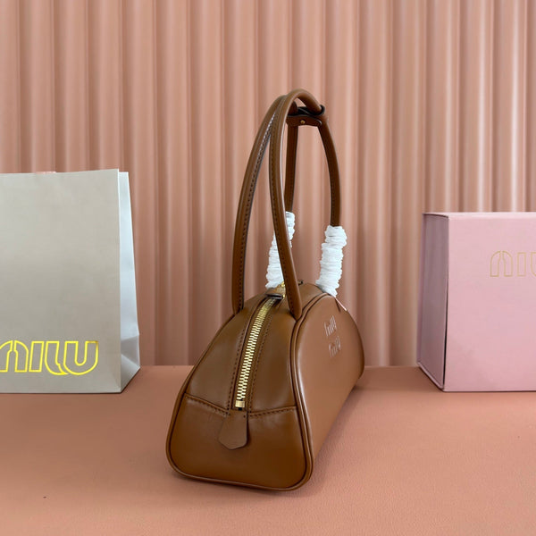 Miu Beau Semi-Circular Bowling Bag Tan Brown Leather