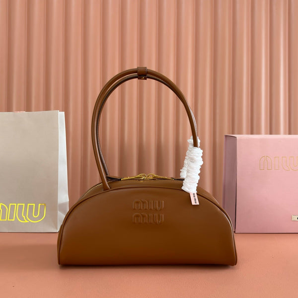 Miu Beau Semi-Circular Bowling Bag Tan Brown Leather