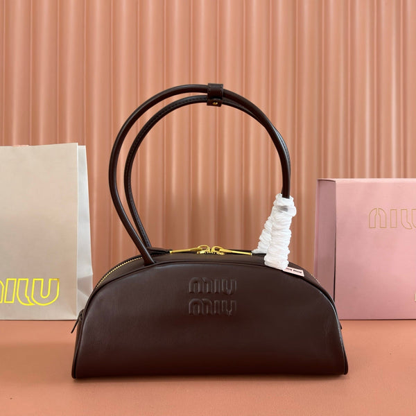 Miu Beau Semi-Circular Bowling Bag Coffee Leather