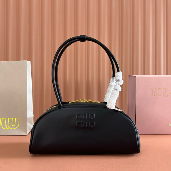 Miu Beau Semi-Circular Bowling Bag Black Leather