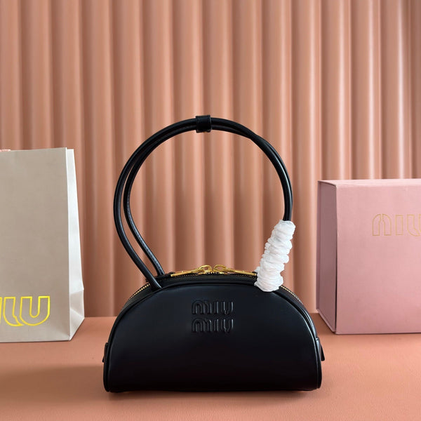 Miu Beau Semi-Circular Small Bowling Bag Black Leather