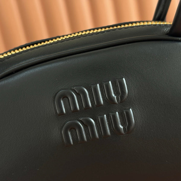 Miu Beau Semi-Circular Small Bowling Bag Black Leather