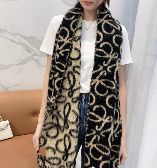 Loewe Scarf 180CM Black Beige Wool Cashmere 968582