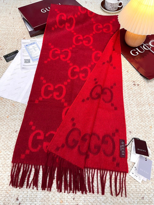 GG Double G Jacquard Scarf 200CM Red Wool 282789