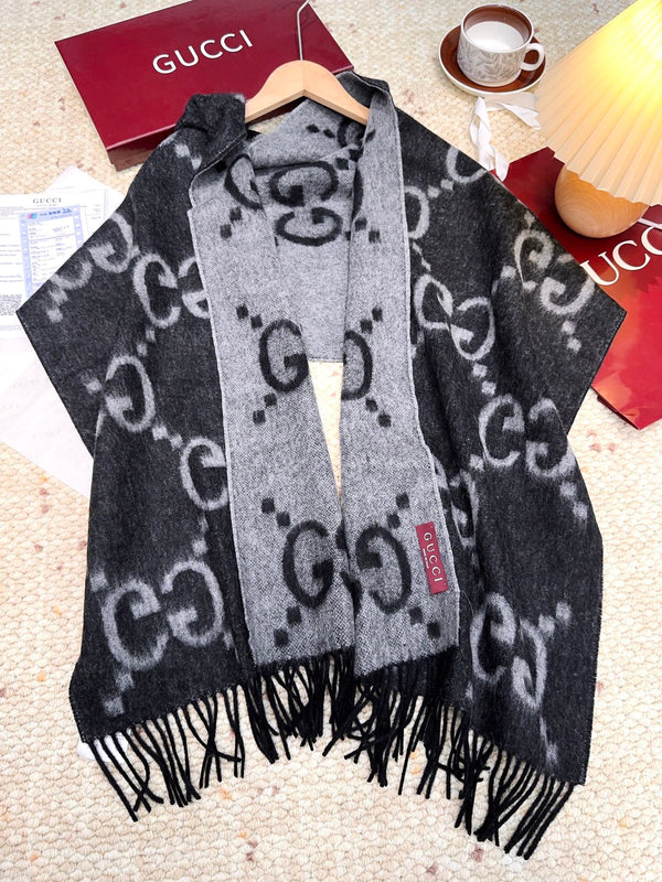 GG Double G Jacquard Scarf 200CM Black Wool 282790
