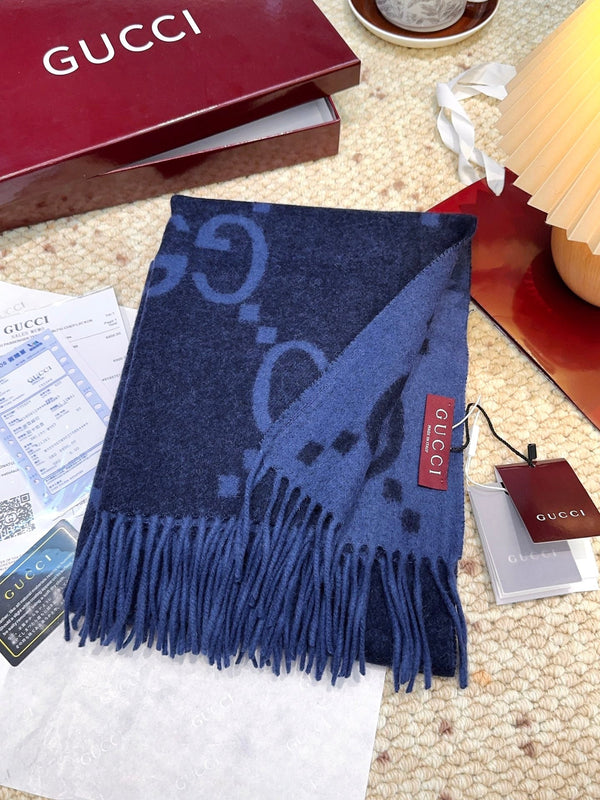 GG Double G Jacquard Scarf 200CM Blue Black Wool 282791