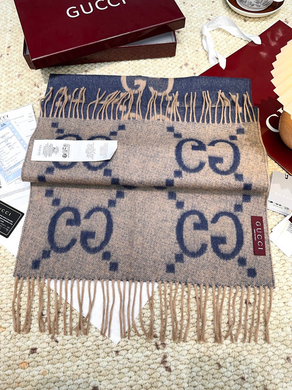 GG Double G Jacquard Scarf 200CM Blue Beige Wool 282792