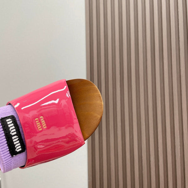 Miu Slippers In Pink Glossy Calfskin With Purple Half-Foot Socks
