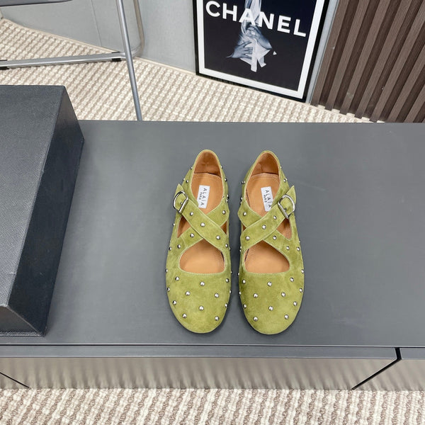 Alaia 2025 Criss Cross With Stud Ballet Flats Avocado Green Suede 293209
