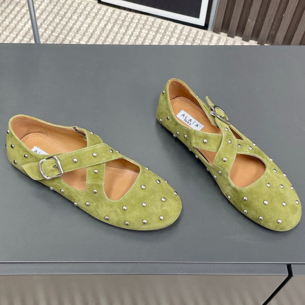 Alaia 2025 Criss Cross With Stud Ballet Flats Avocado Green Suede 293209