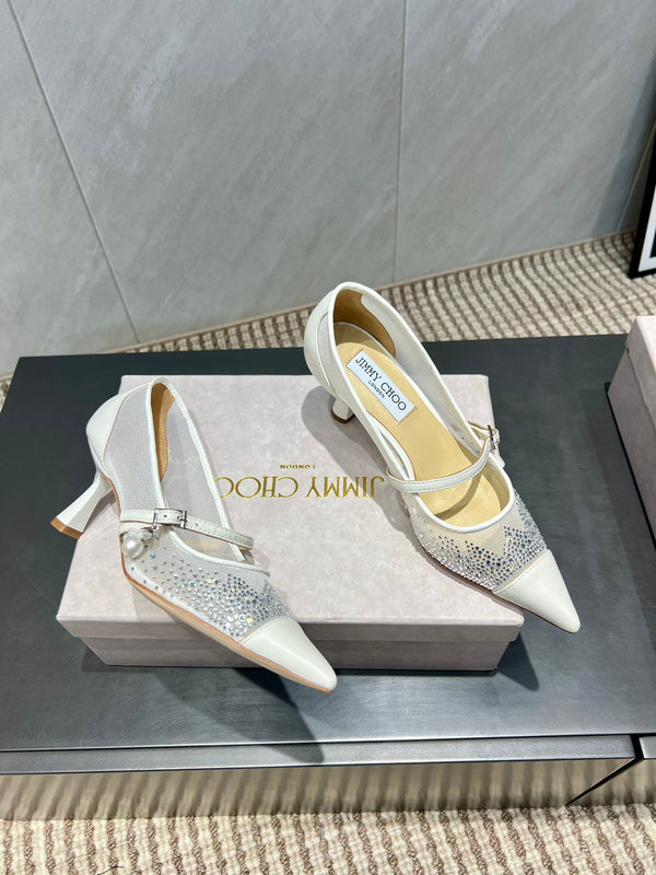 Jimmy Choo Aren Pump High Heels 65mm Cream Crystal Mesh 540678