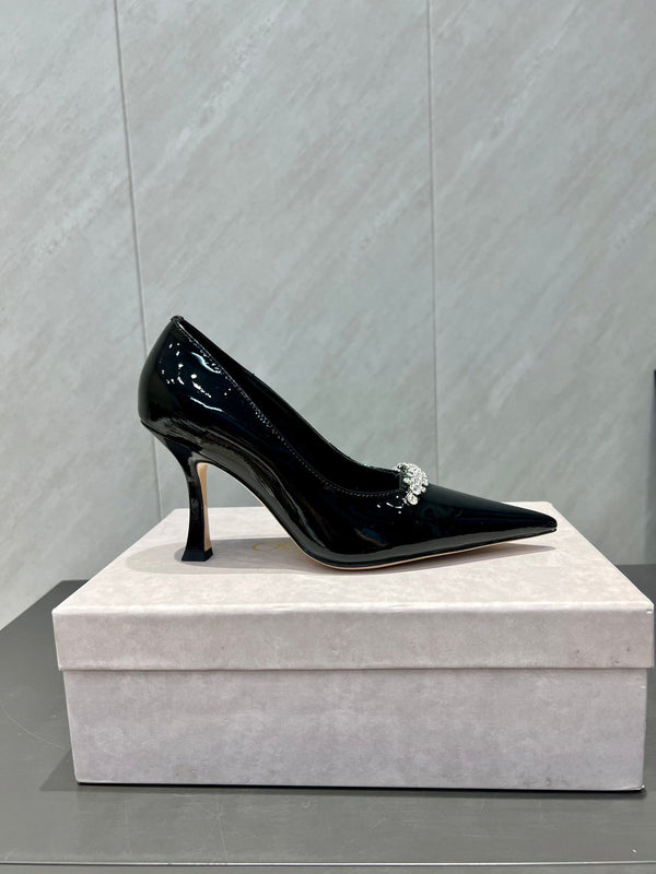 Jimmy Choo Belinda 85mm Heels Black Patent Leather Crystal Studded Heels 540679