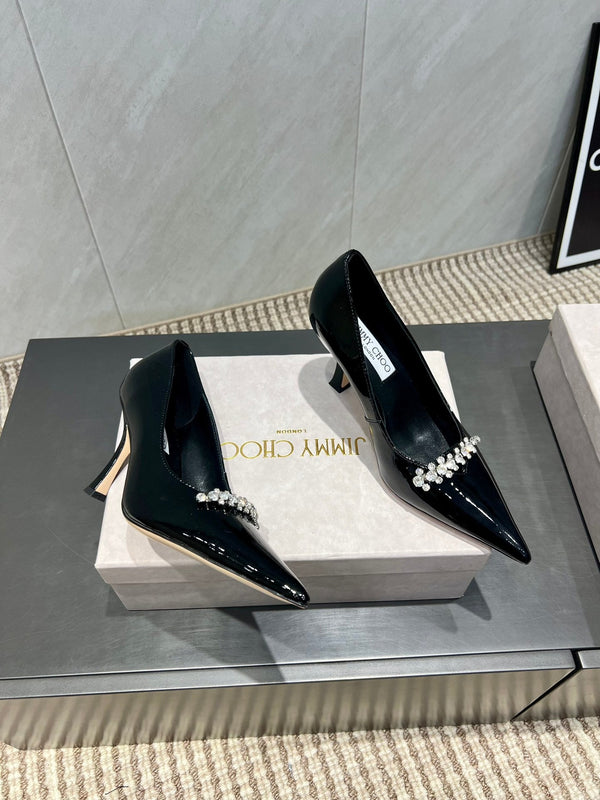 Jimmy Choo Belinda 85mm Heels Black Patent Leather Crystal Studded Heels 540679