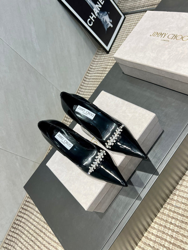 Jimmy Choo Belinda 85mm Heels Black Patent Leather Crystal Studded Heels 540679