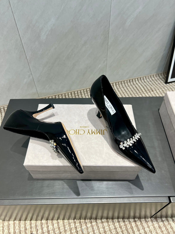 Jimmy Choo Belinda 85mm Heels Black Patent Leather Crystal Studded Heels 540679