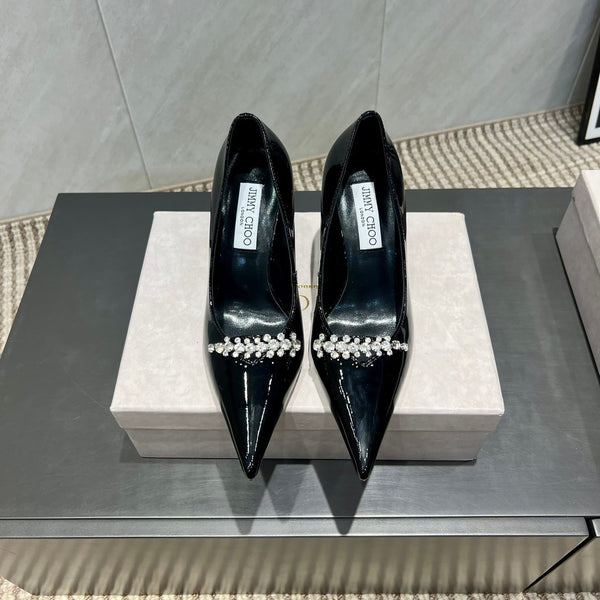 Jimmy Choo Belinda 85mm Heels Black Patent Leather Crystal Studded Heels 540679