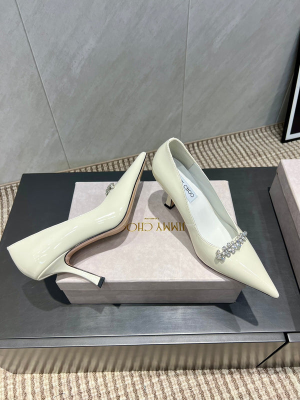 Jimmy Choo Belinda 85mm Heels Cream Patent Leather Crystal Studded Heels 540680