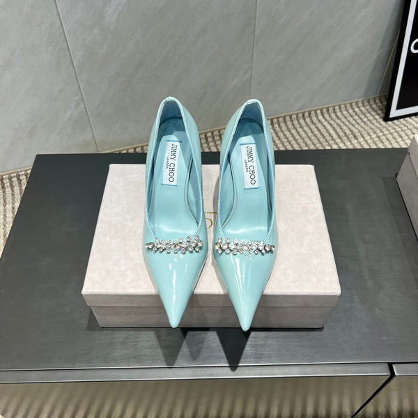 Jimmy Choo Belinda 85mm Heels Blue Patent Leather Crystal Studded Heels 540682