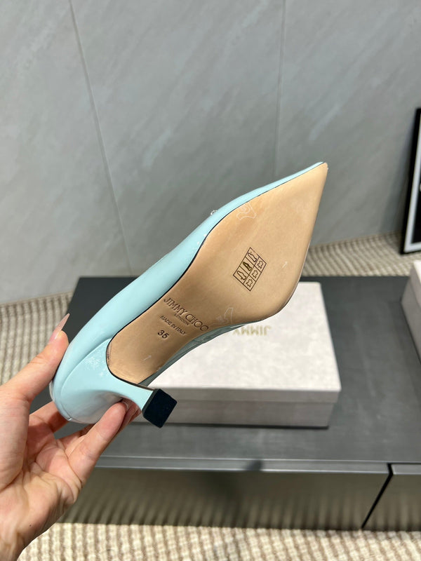 Jimmy Choo Belinda 85mm Heels Blue Patent Leather Crystal Studded Heels 540682