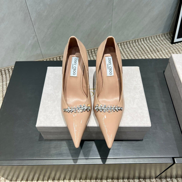 Jimmy Choo Belinda 85mm Heels Nude Patent Leather Crystal Studded Heels 540683.