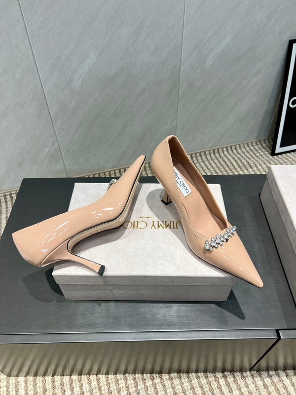 Jimmy Choo Belinda 85mm Heels Nude Patent Leather Crystal Studded Heels 540683.