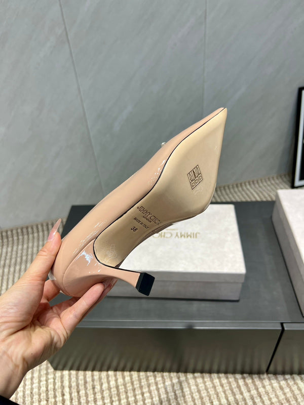 Jimmy Choo Belinda 85mm Heels Nude Patent Leather Crystal Studded Heels 540683.