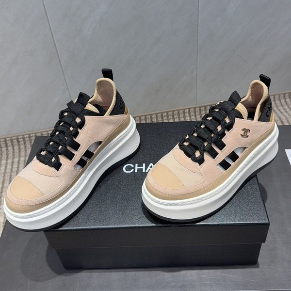 Chanel 25 Sneaker Beige Black White Suede 540307