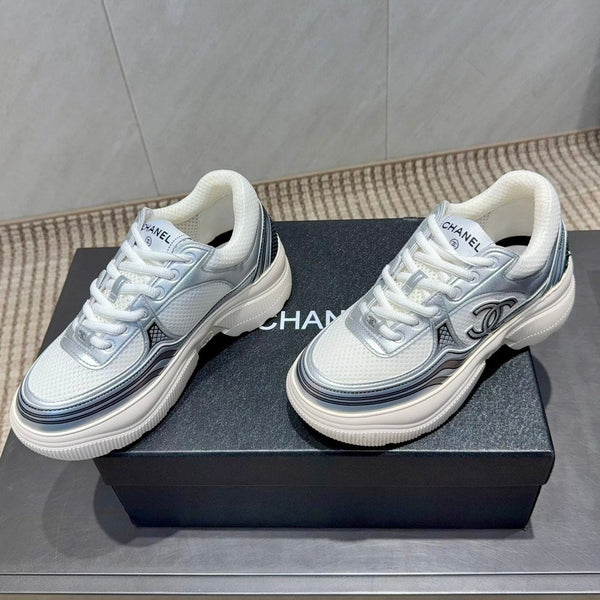 Chanel 25 Sneaker White Blue Silver Mesh Leather 540310