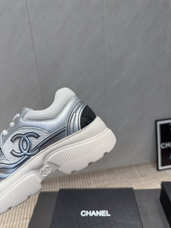 Chanel 25 Sneaker White Blue Silver Mesh Leather 540310