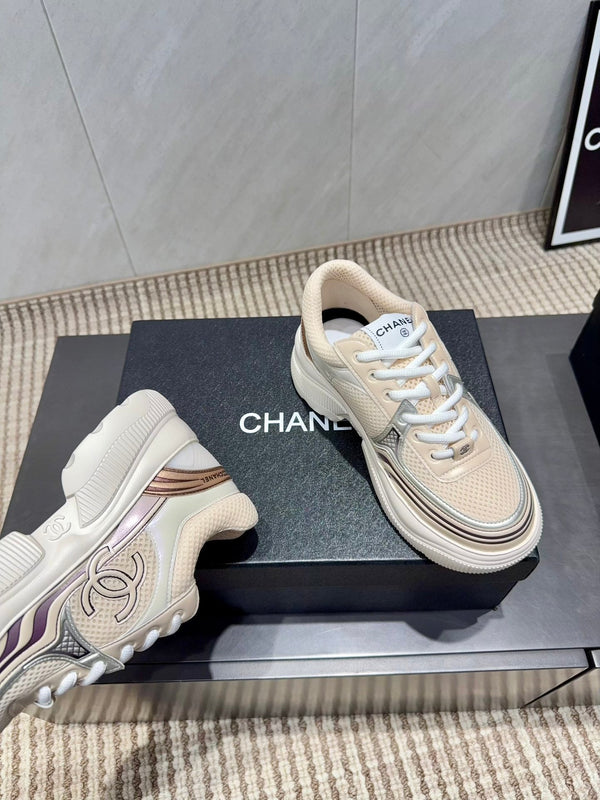 Chanel 25 Sneaker White Beige Silver Mesh Leather 540313