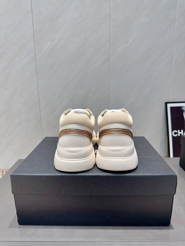 Chanel 25 Sneaker White Beige Silver Mesh Leather 540313