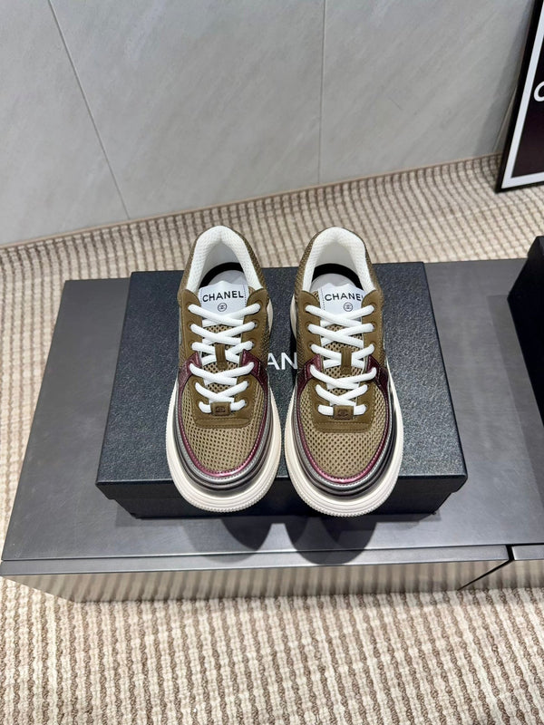 Chanel 25 Sneaker White Brown Silver Mesh Leather 540314