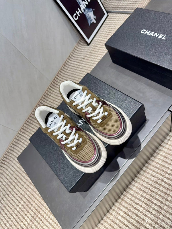 Chanel 25 Sneaker White Brown Silver Mesh Leather 540314