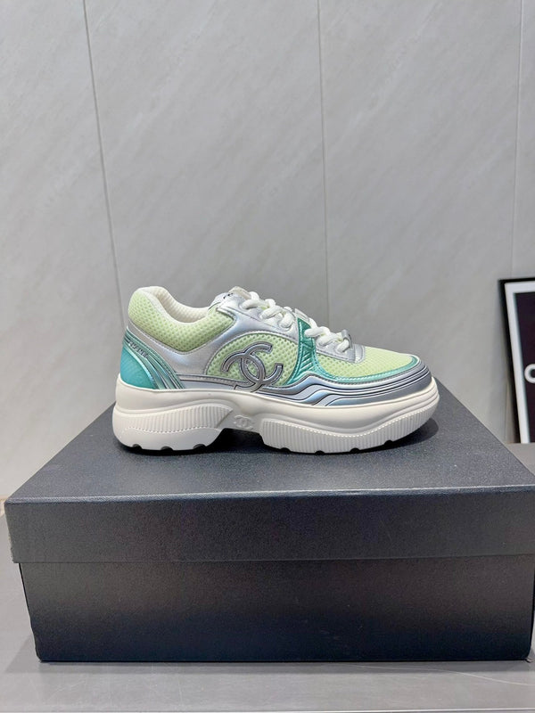 Chanel 25 Sneaker White Green Silver Mesh Leather 540315