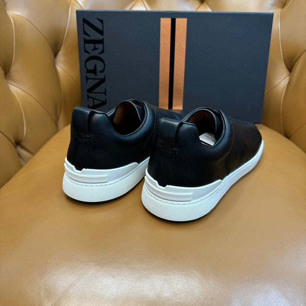 Zegna Men's Triple Stitch Sneakers Black Grain Leather