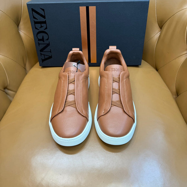 Zegna Men's Triple Stitch Sneakers Tan Grain Leather