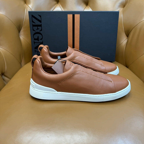 Zegna Men's Triple Stitch Sneakers Tan Grain Leather