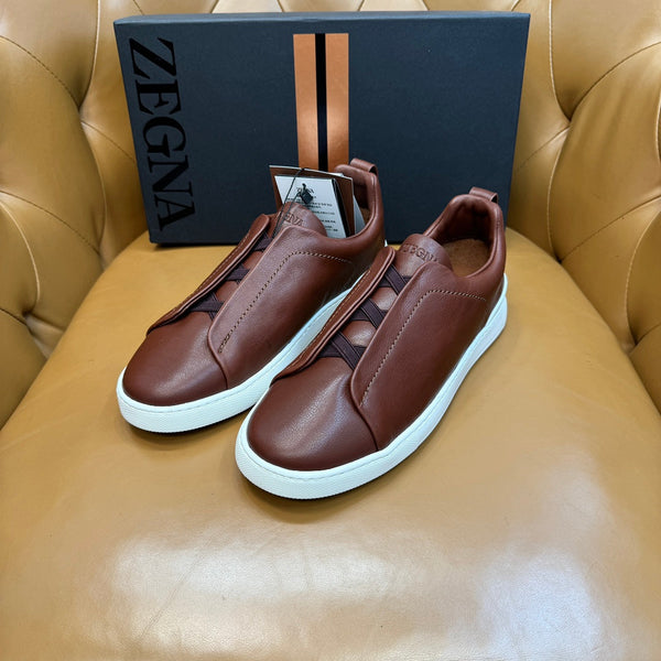 Zegna Men's Triple Stitch Sneakers Chocolate Grain Leather