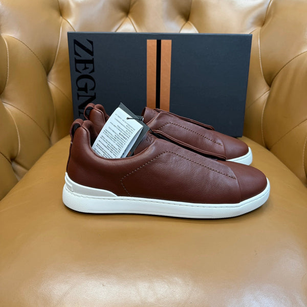 Zegna Men's Triple Stitch Sneakers Chocolate Grain Leather