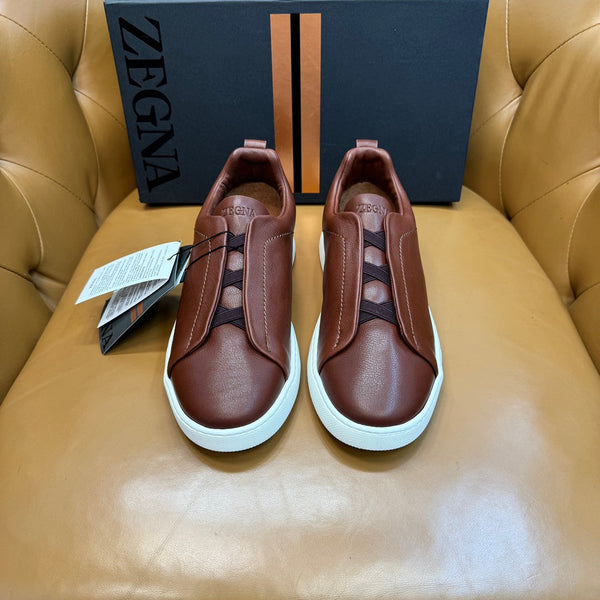 Zegna Men's Triple Stitch Sneakers Chocolate Grain Leather