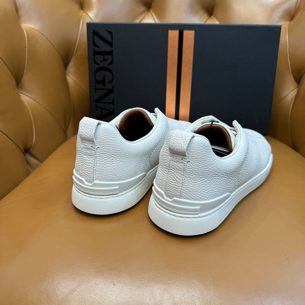Zegna Men's Triple Stitch Sneakers White Grain Leather