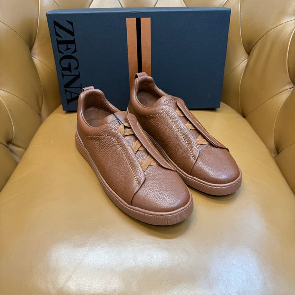 Zegna Men's Triple Stitch Sneakers Full Brown Grain Leather