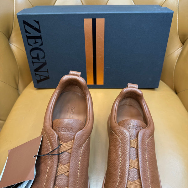 Zegna Men's Triple Stitch Sneakers Full Brown Grain Leather